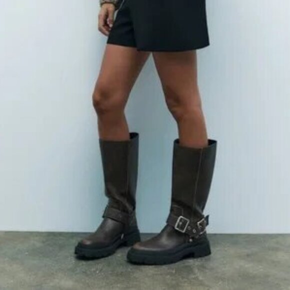 ZARA BROWN BIKER BOOTS WITH BUCKLES - SIZE 39 EXCELLENT CONDITION - Picture 4 of 13